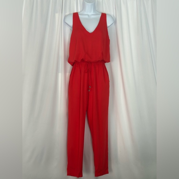 Splendid Red V-Neck Jumpsuit with Drawstring Waist (768) - Picture 1 of 15
